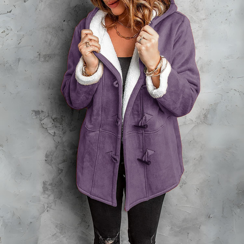 Women's Suede Sherpa-Lined Hooded Duffle Jacket Toggle-Button Warm
