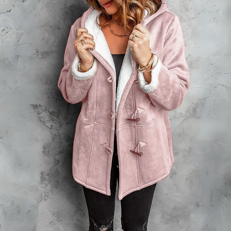 Women's Suede Sherpa-Lined Hooded Duffle Jacket Toggle-Button Warm