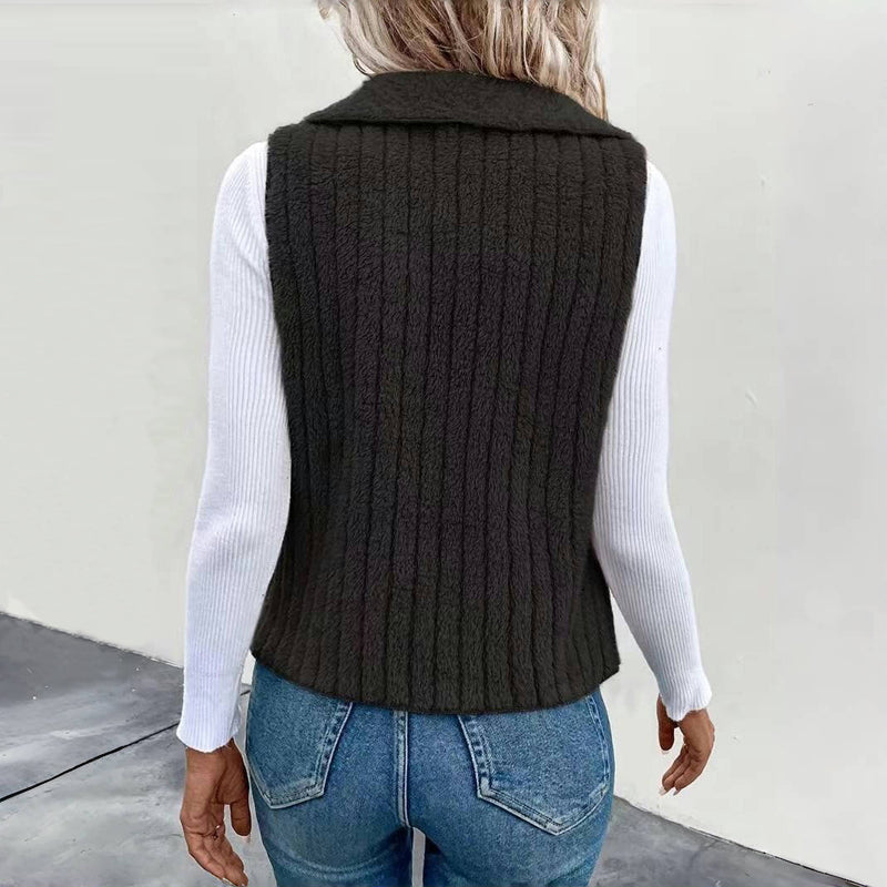 Women's Sherpa Fleece Vest Lapel Collar Sleeveless Open-Front Ribbed Cozy