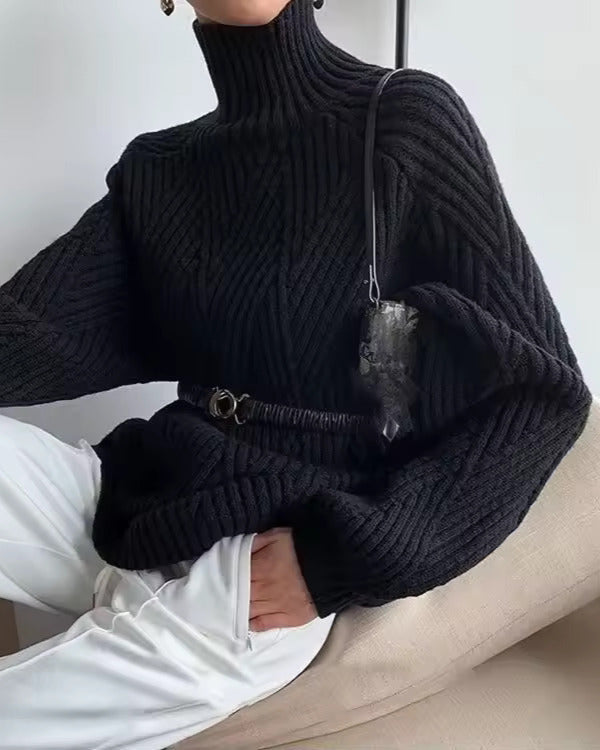 Women's Textured Knit Turtleneck Sweater Chevron Drop-Shoulder Oversized Relaxed