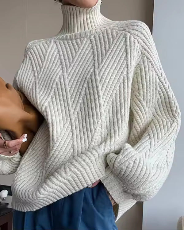 Women's Textured Knit Turtleneck Sweater Chevron Drop-Shoulder Oversized Relaxed