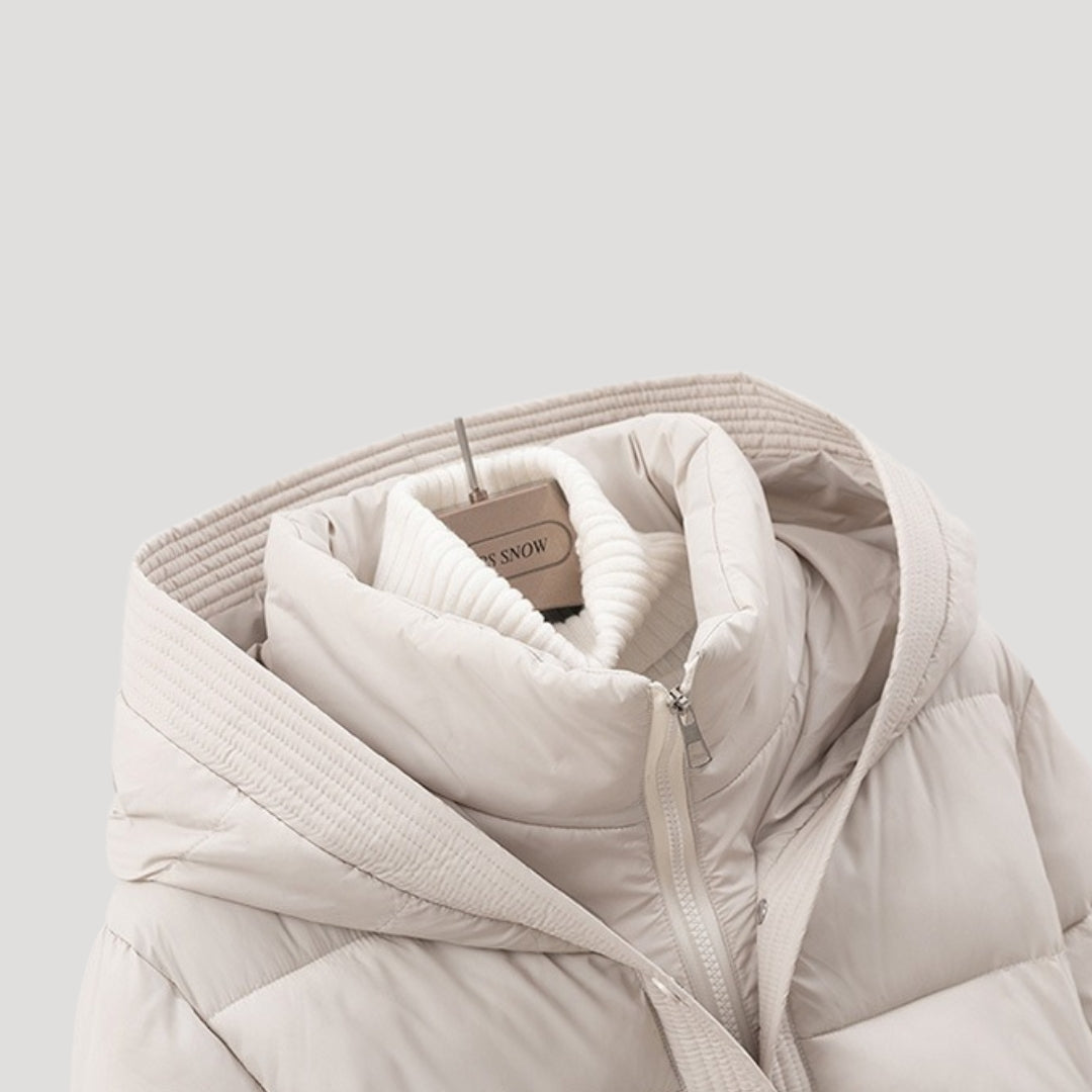 Women's Belted Hooded Puffer Jacket Stand Collar Slim Warm Winter