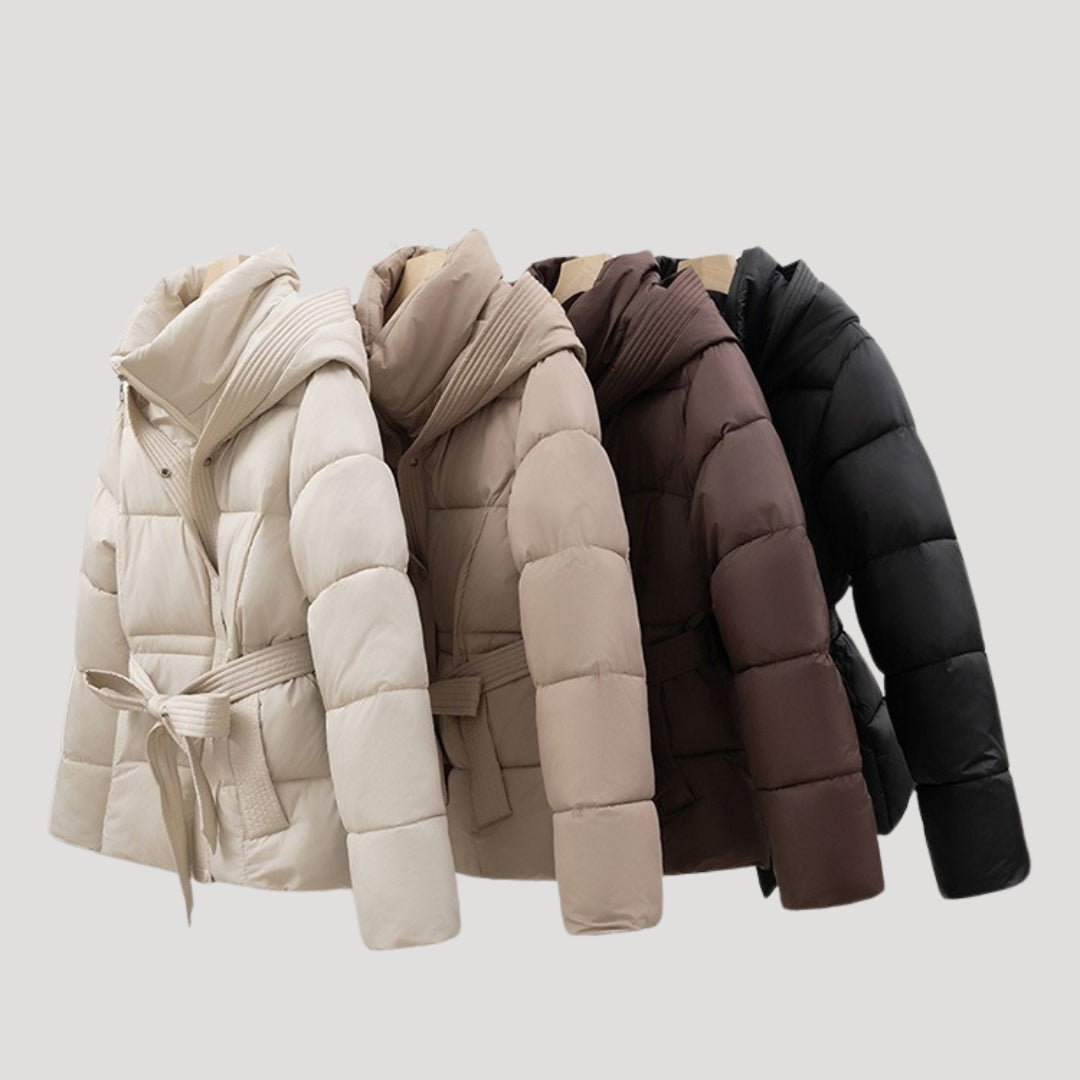 Women's Belted Hooded Puffer Jacket Stand Collar Slim Warm Winter