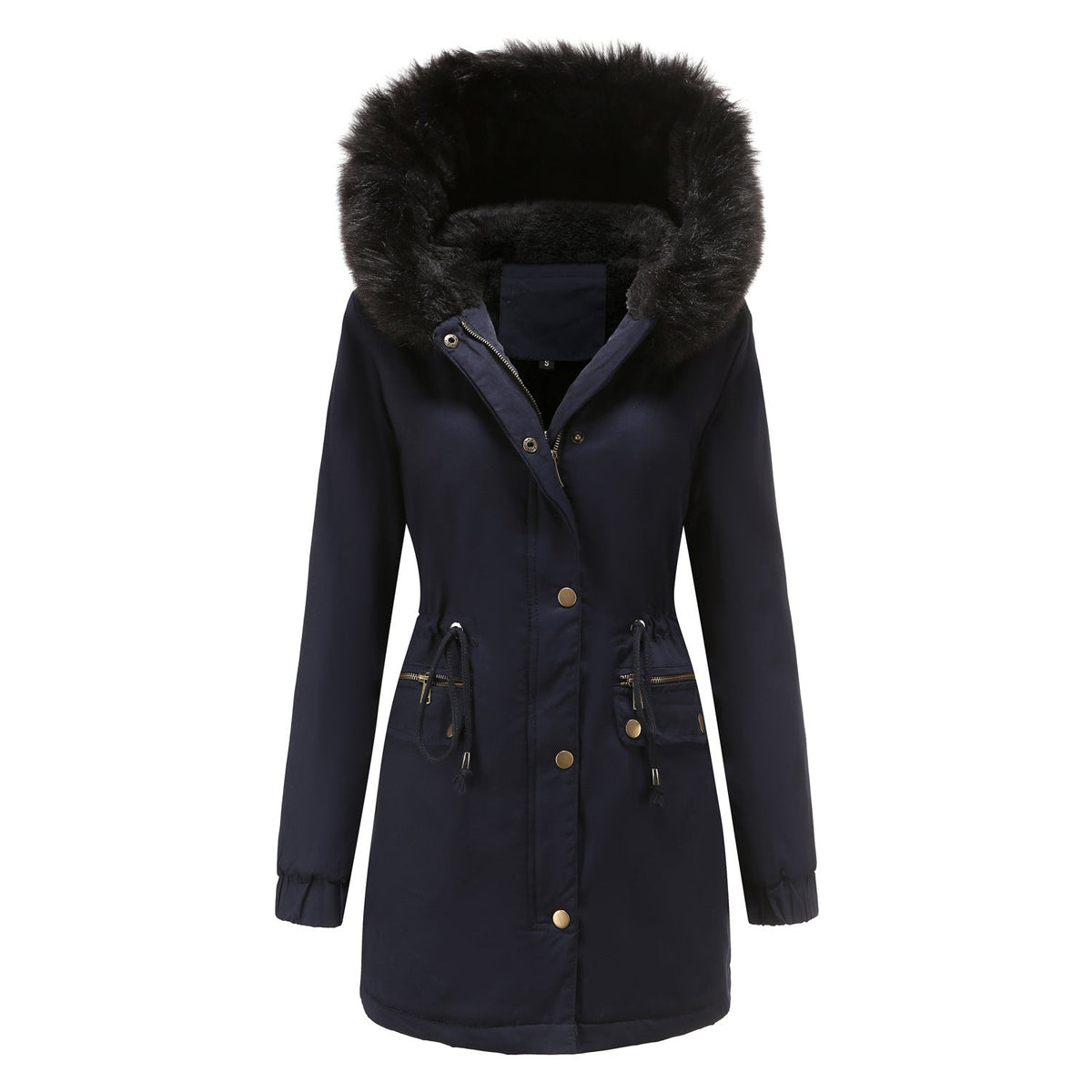 Women's Fleece-Lined Hooded Parka Faux-Fur Trim Drawstring Zip-Up Warm