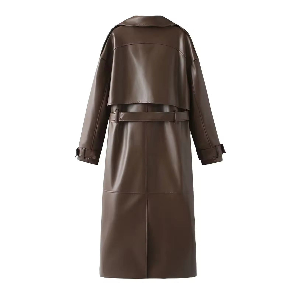 Women's Faux Leather Trench Coat Double-Breasted Belted Longline Elegant