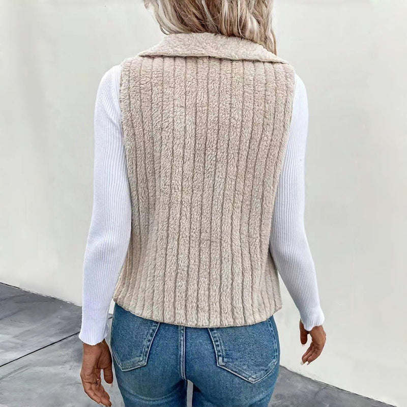 Women's Sherpa Fleece Vest Lapel Collar Sleeveless Open-Front Ribbed Cozy