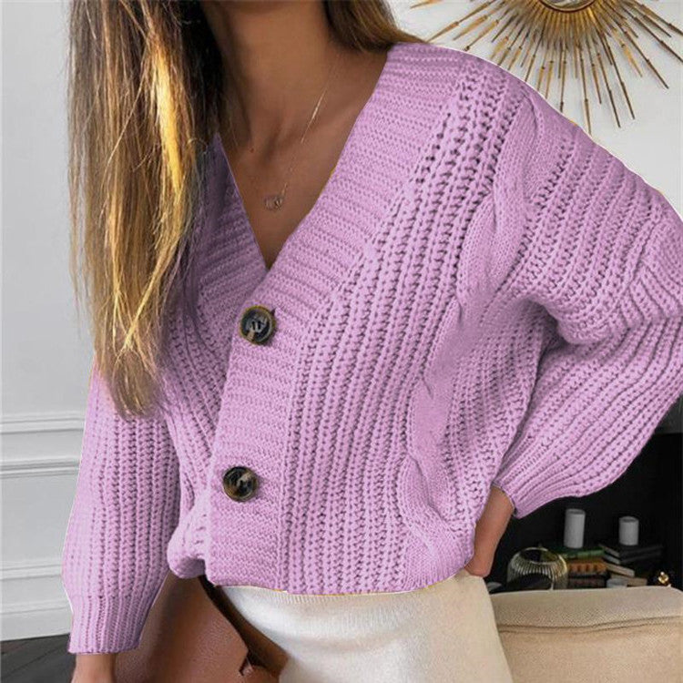 Women's Chunky Cable Knit Cardigan V-Neck Button-Front Cropped Relaxed