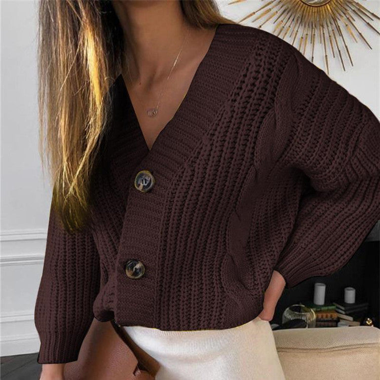 Women's Chunky Cable Knit Cardigan V-Neck Button-Front Cropped Relaxed