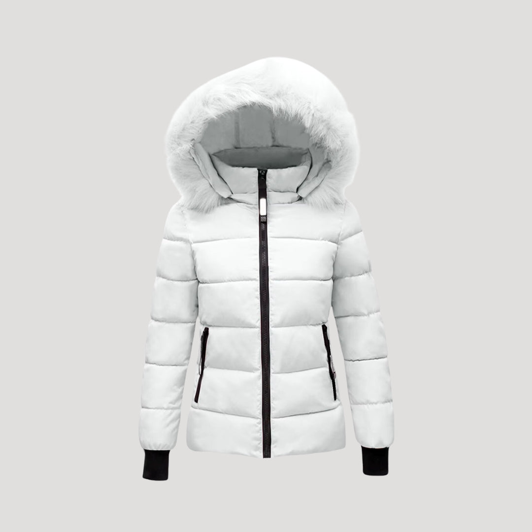 Women's Puffer Jacket Faux-Fur Hood Quilted Full-Zip Ribbed-Cuff Fitted