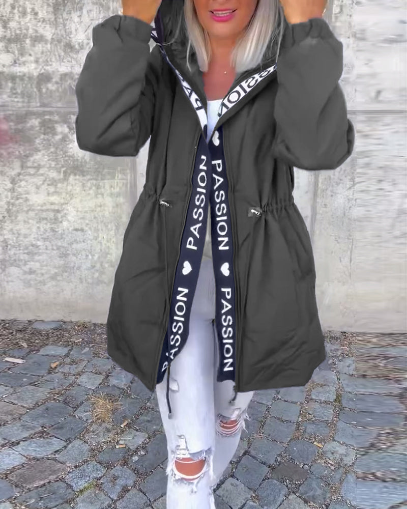 Women's Hooded Padded Coat Drawstring Waist Letter-Trim Zip-Up Warm