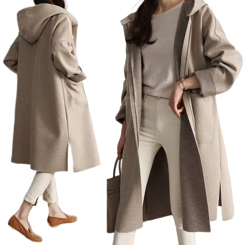 Women's Long Hooded Coat Open-Front Wrap Belted Longline Relaxed Warm