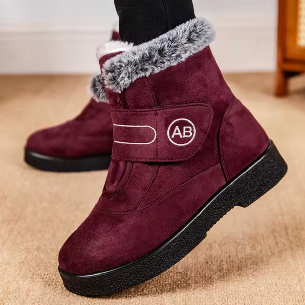 Women's Fur-Lined Snow Boots Suede Velcro-Strap Fur-Cuff Non-Slip Warm