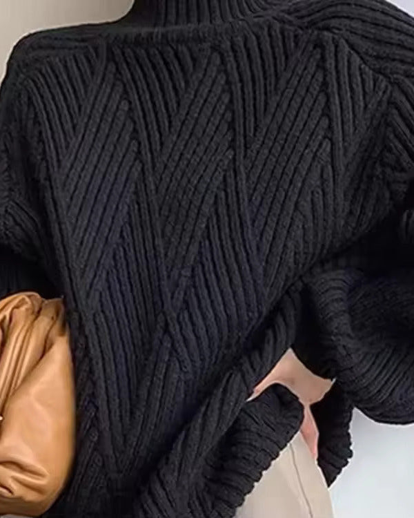 Women's Textured Knit Turtleneck Sweater Chevron Drop-Shoulder Oversized Relaxed