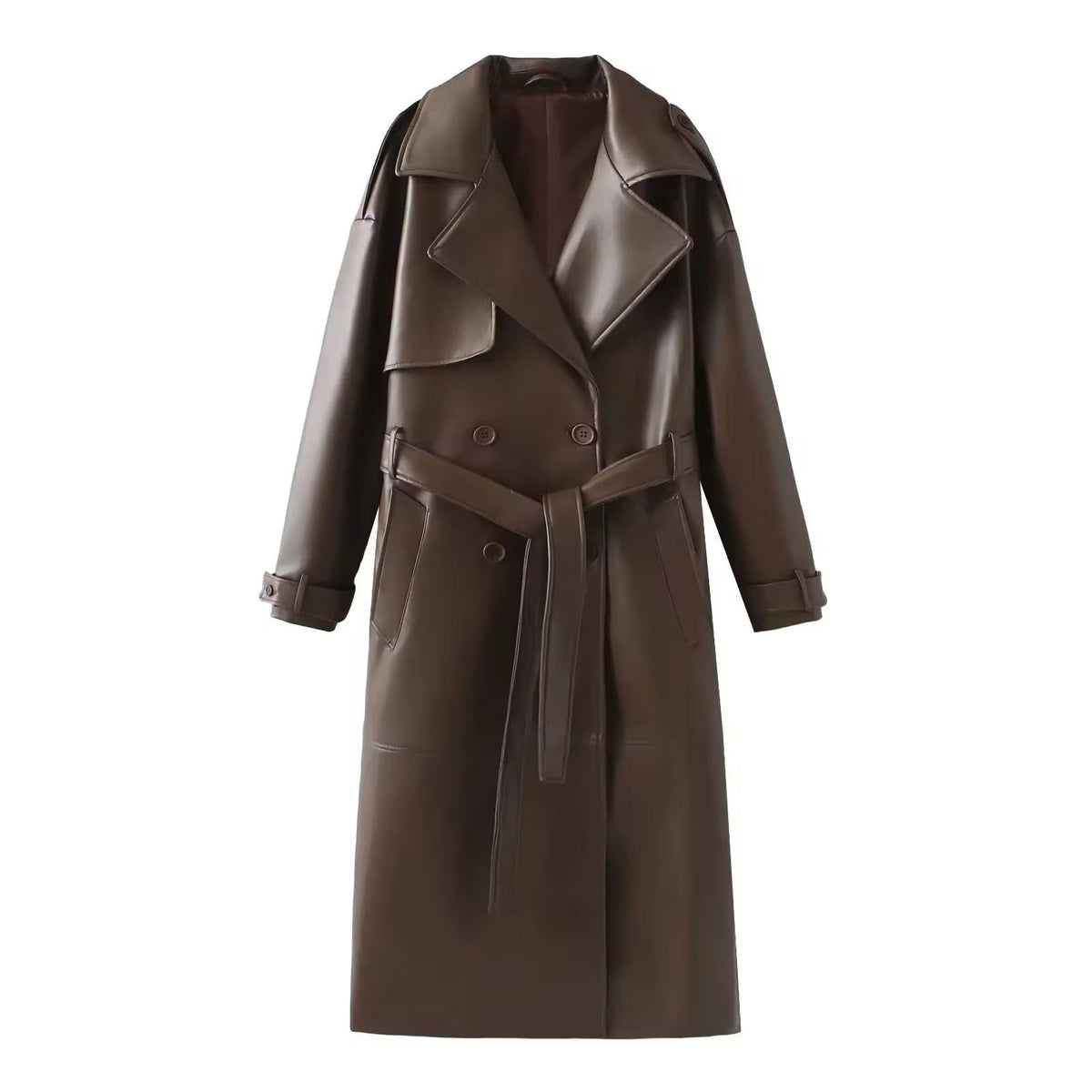 Women's Faux Leather Trench Coat Double-Breasted Belted Longline Elegant