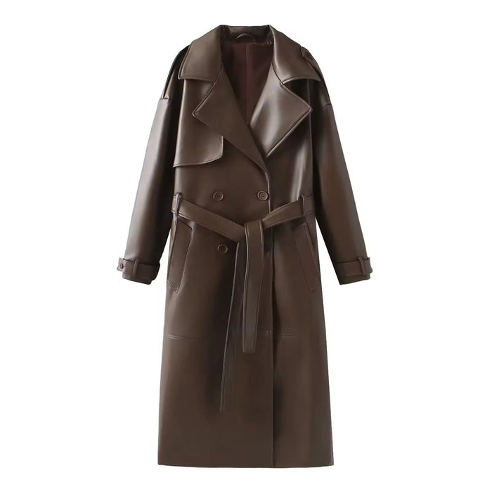 Women's Faux Leather Trench Coat Double-Breasted Belted Longline Elegant