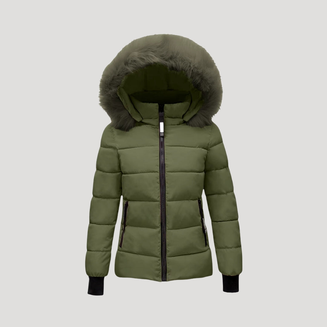 Women's Puffer Jacket Faux-Fur Hood Quilted Full-Zip Ribbed-Cuff Fitted