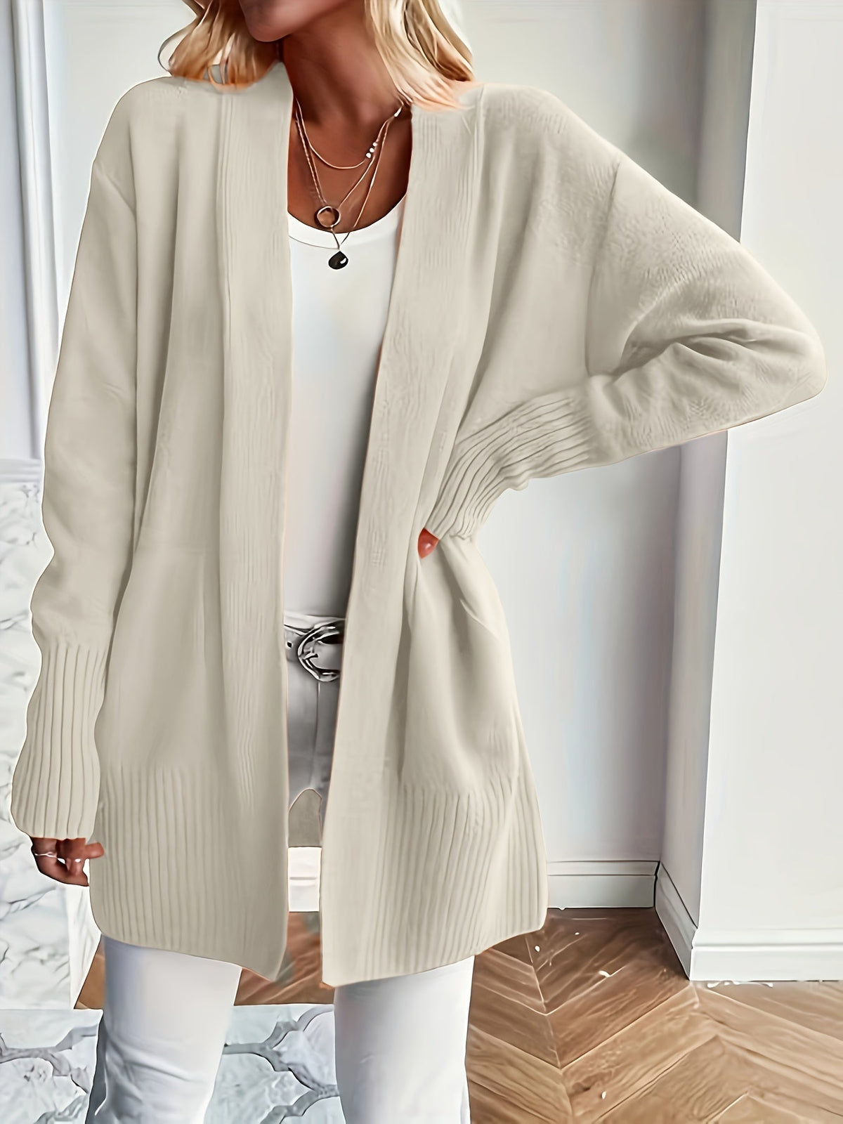 Women's Open-Front Knit Cardigan Ribbed-Trim Longline Drop-Shoulder Pockets Relaxed