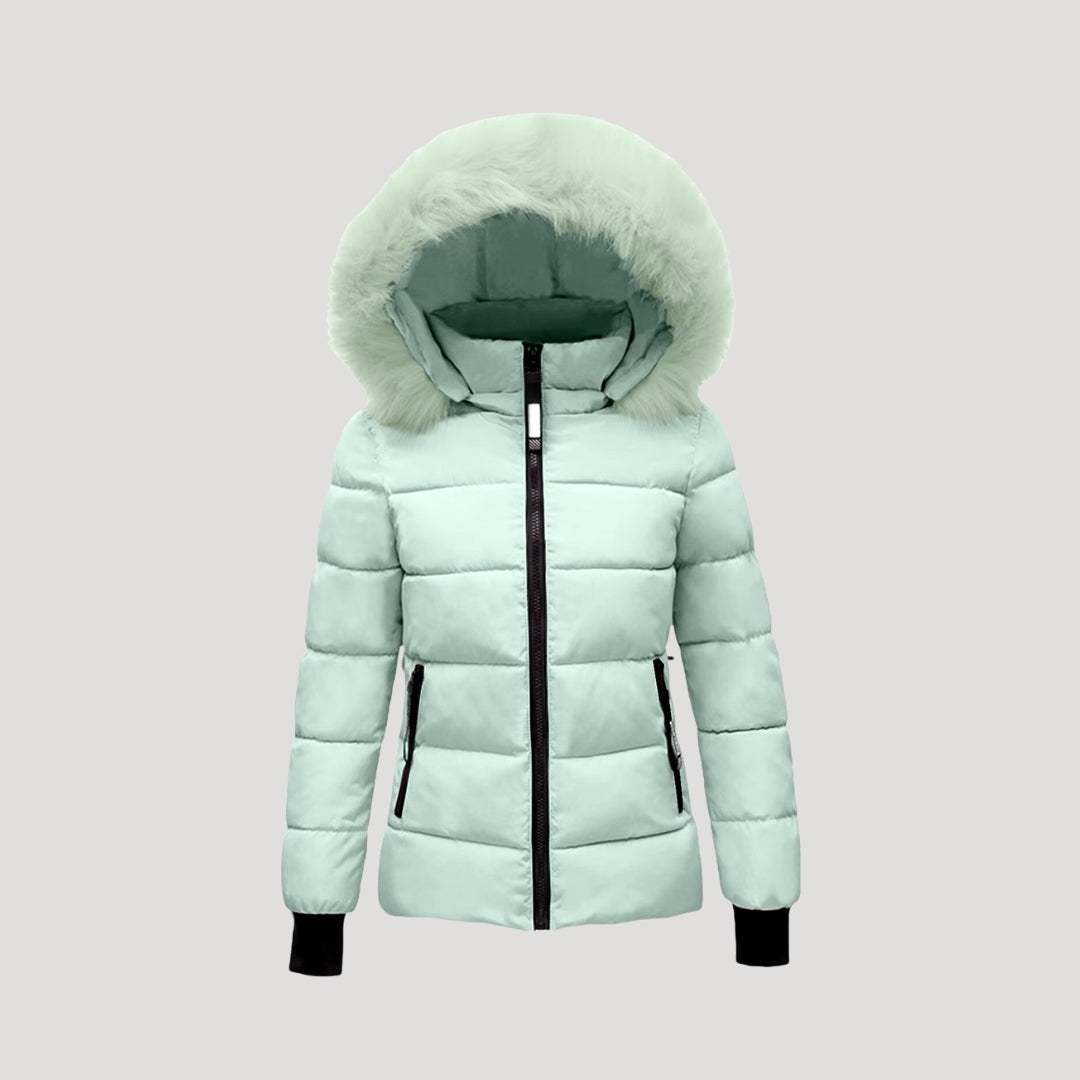 Women's Puffer Jacket Faux-Fur Hood Quilted Full-Zip Ribbed-Cuff Fitted