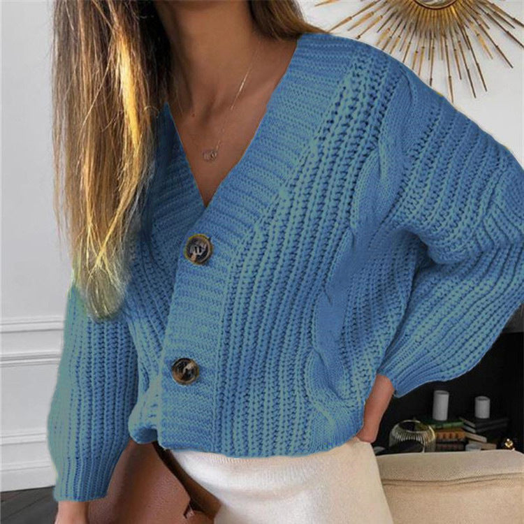 Women's Chunky Cable Knit Cardigan V-Neck Button-Front Cropped Relaxed