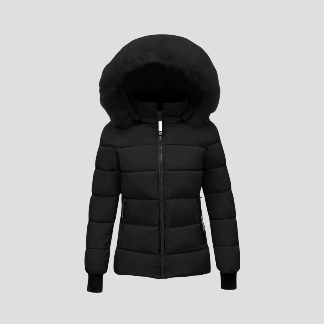 Women's Puffer Jacket Faux-Fur Hood Quilted Full-Zip Ribbed-Cuff Fitted