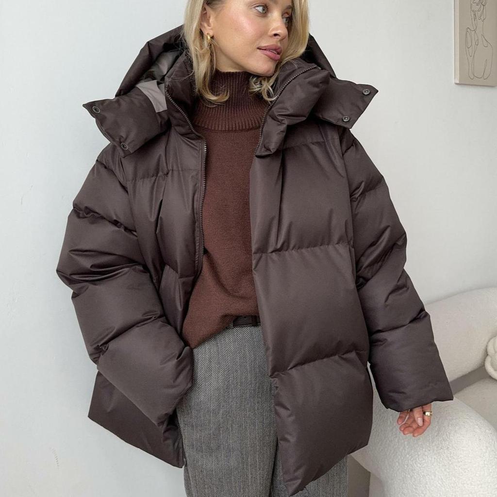 Women's Oversized Hooded Puffer Jacket Stand Collar Full-Zip Chunky