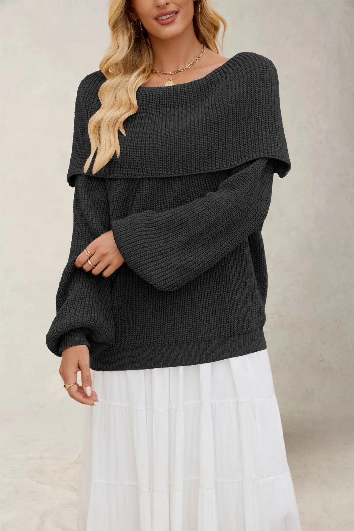 Women's Off-Shoulder Knit Sweater Foldover Bardot Balloon-Sleeve Oversized Chunky
