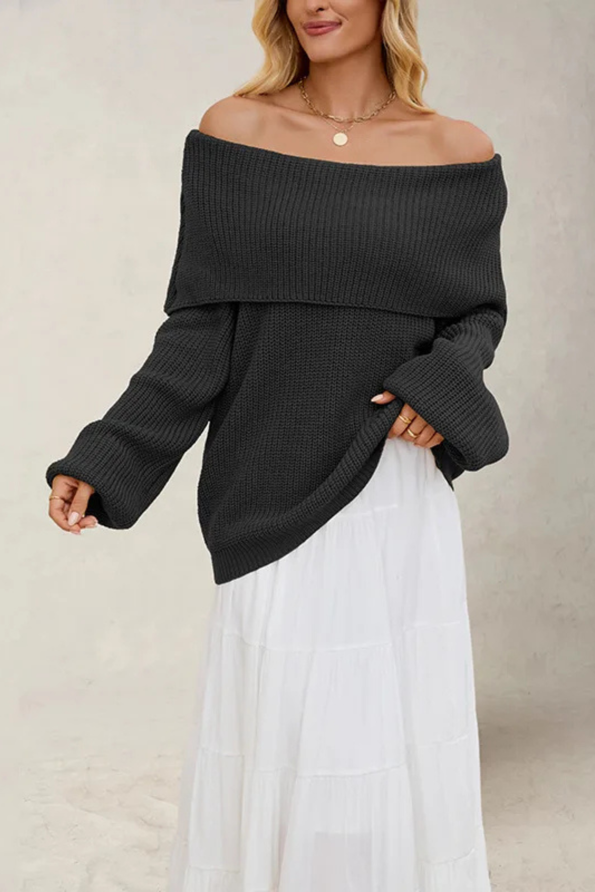Women's Off-Shoulder Knit Sweater Foldover Bardot Balloon-Sleeve Oversized Chunky