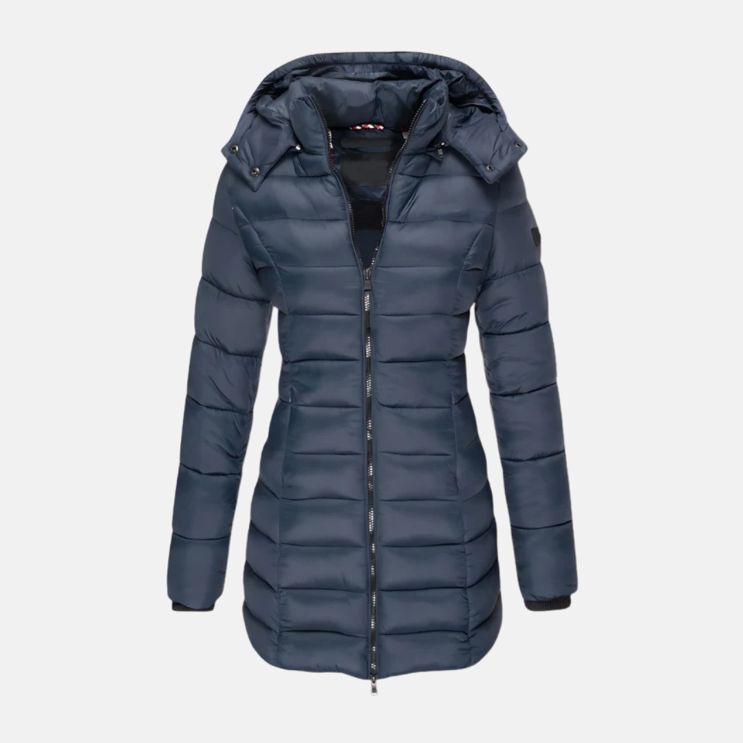 Women's Slim Hooded Puffer Coat Mid-Length Quilted Full-Zip Fitted