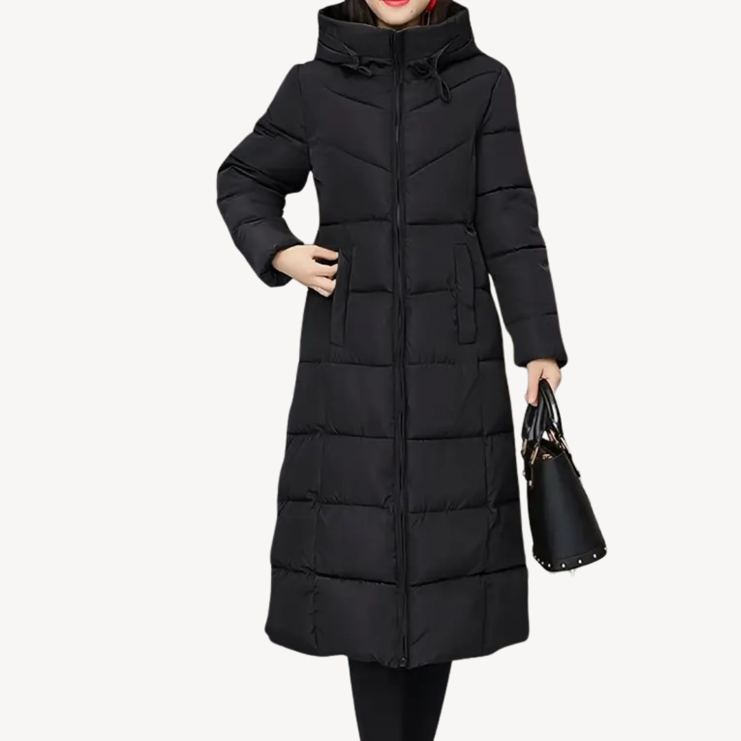 Women's Long Hooded Puffer Coat Drawstring Full-Zip Maxi Fitted