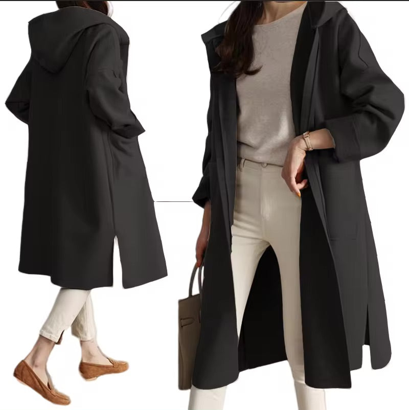 Women's Long Hooded Coat Open-Front Wrap Belted Longline Relaxed Warm