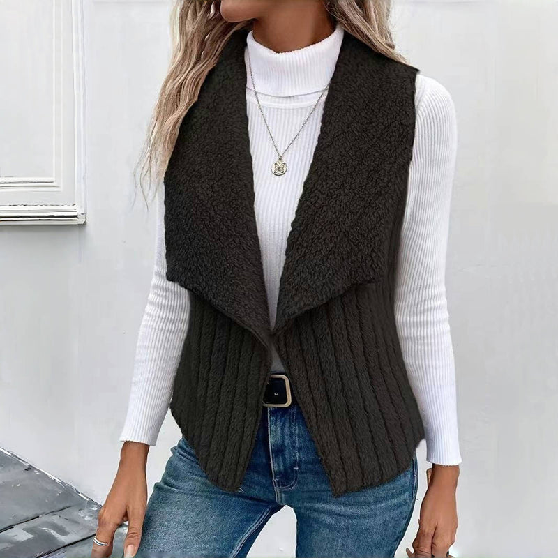 Women's Sherpa Fleece Vest Lapel Collar Sleeveless Open-Front Ribbed Cozy
