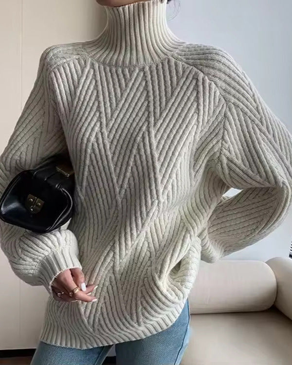 Women's Textured Knit Turtleneck Sweater Chevron Drop-Shoulder Oversized Relaxed