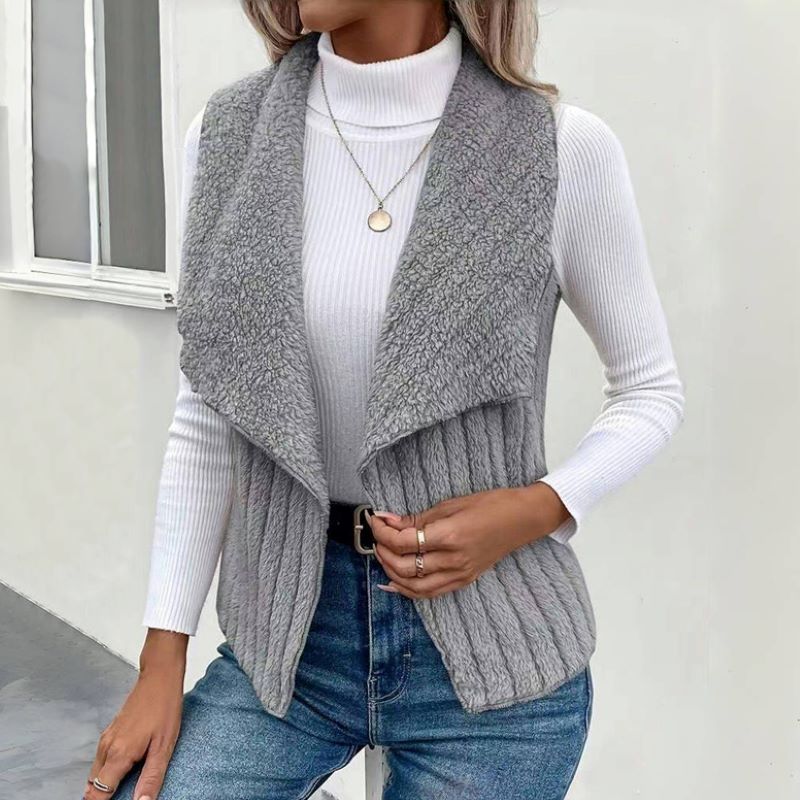 Women's Sherpa Fleece Vest Lapel Collar Sleeveless Open-Front Ribbed Cozy
