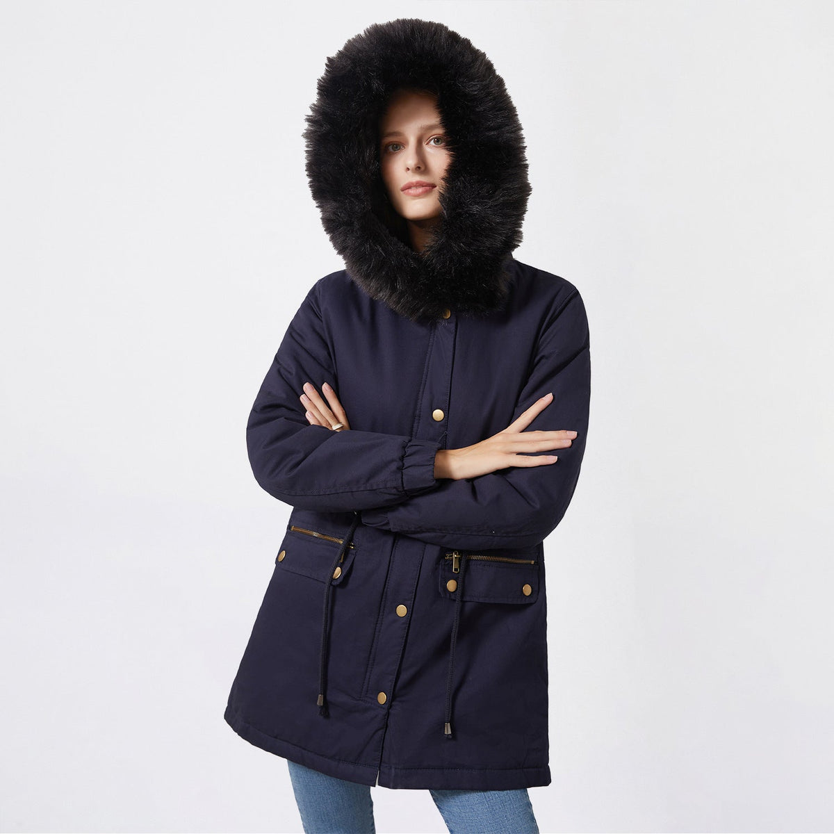 Women's Fleece-Lined Hooded Parka Faux-Fur Trim Drawstring Zip-Up Warm