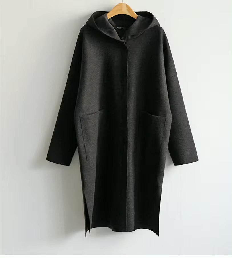 Women's Long Hooded Coat Open-Front Wrap Belted Longline Relaxed Warm