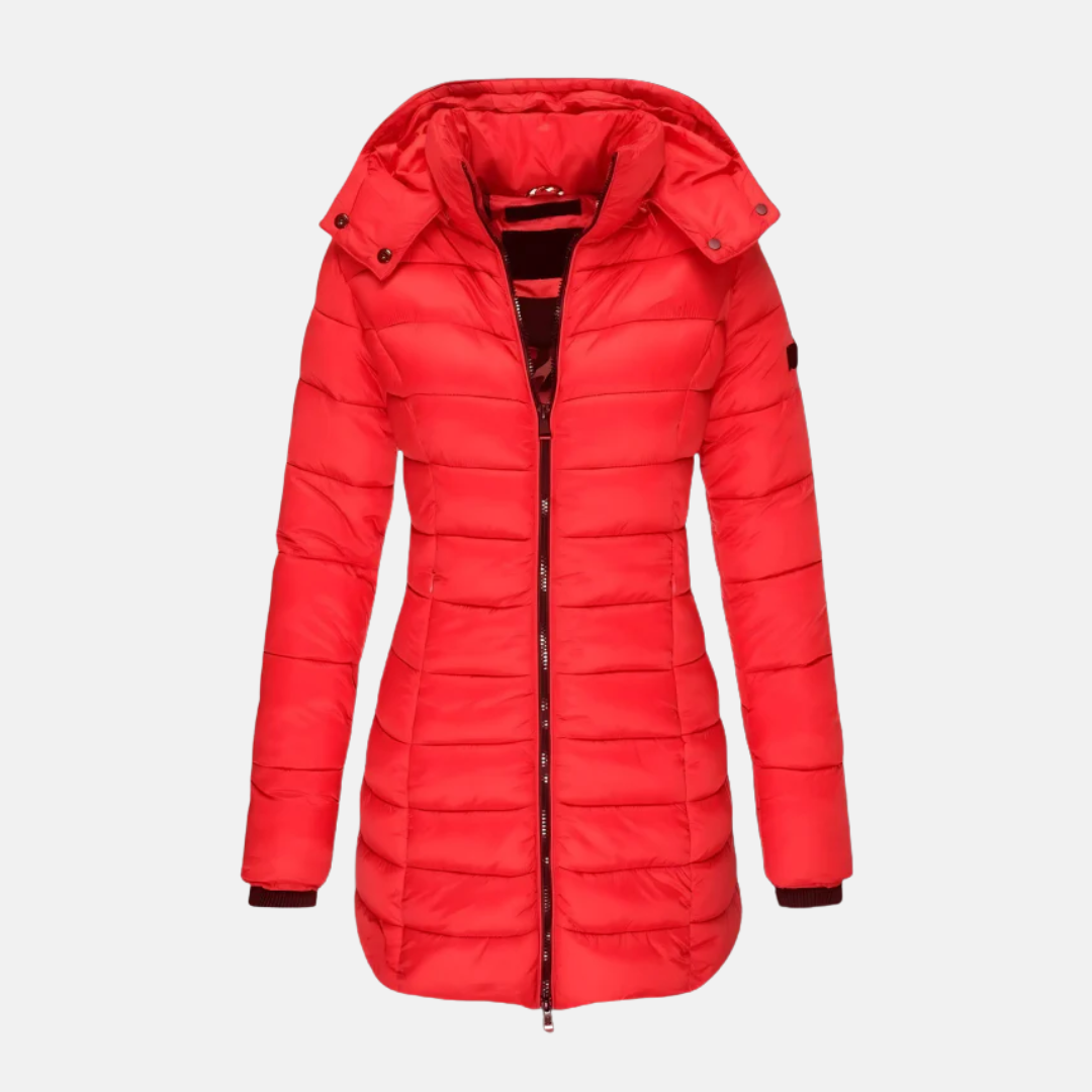 Women's Slim Hooded Puffer Coat Mid-Length Quilted Full-Zip Fitted