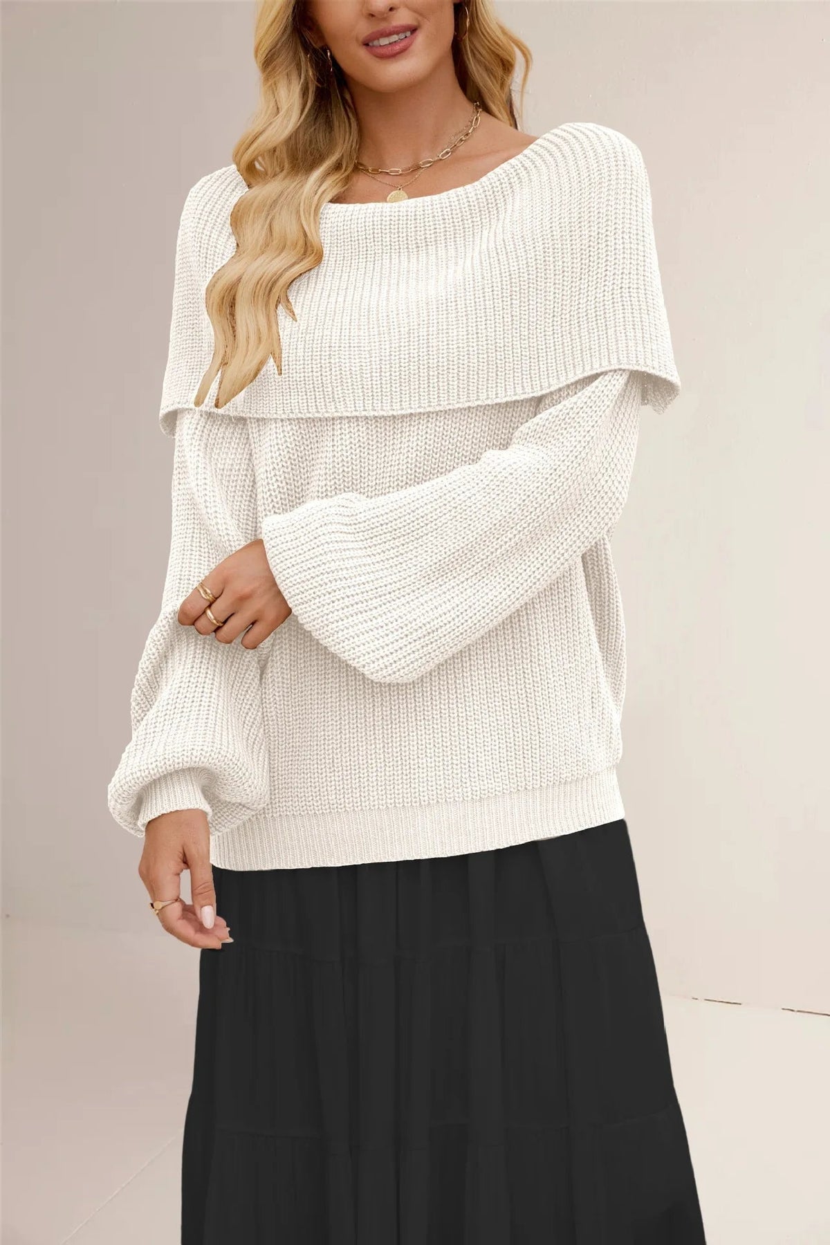 Women's Off-Shoulder Knit Sweater Foldover Bardot Balloon-Sleeve Oversized Chunky