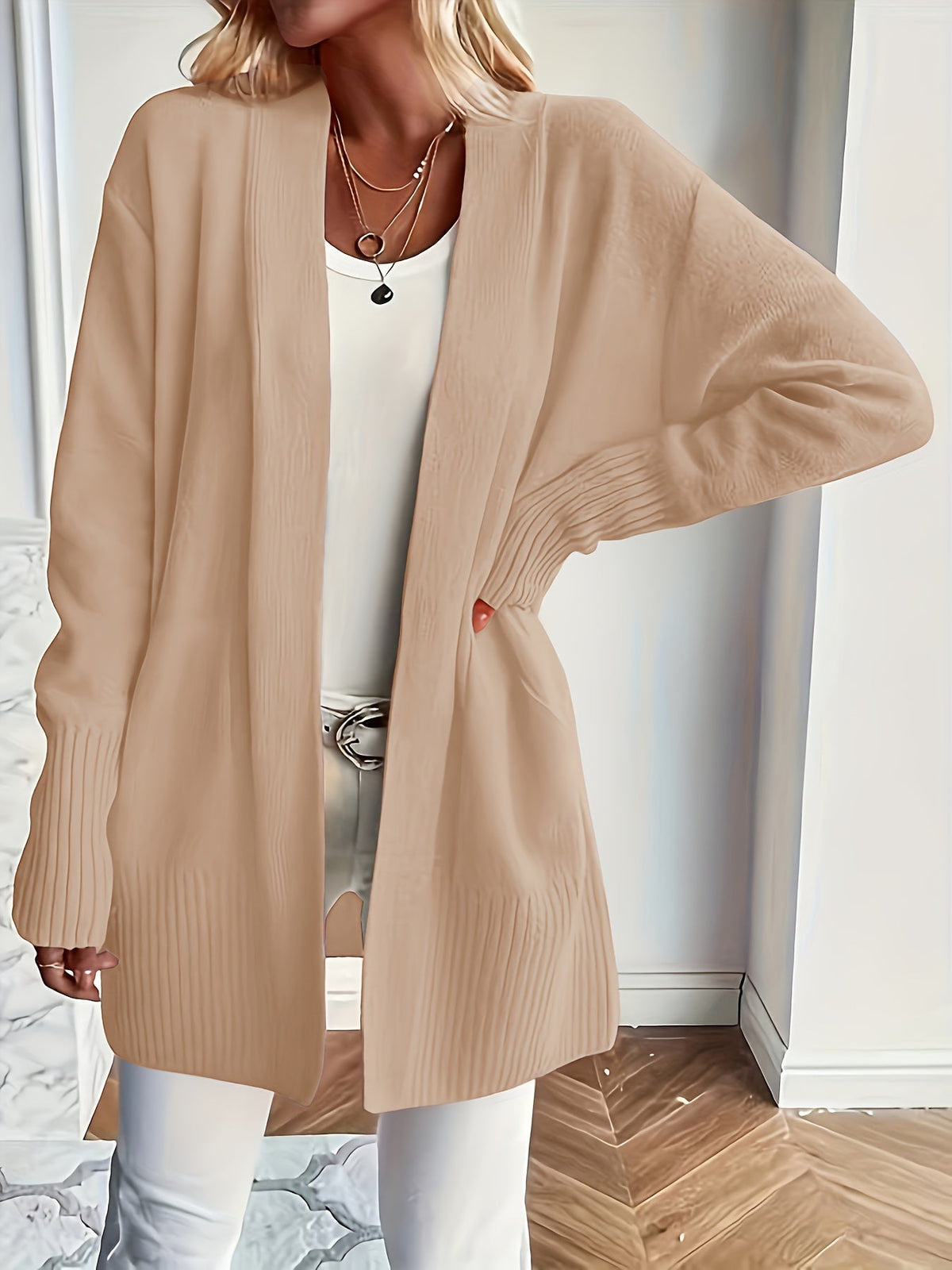 Women's Open-Front Knit Cardigan Ribbed-Trim Longline Drop-Shoulder Pockets Relaxed