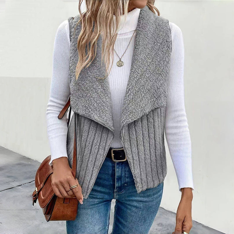 Women's Sherpa Fleece Vest Lapel Collar Sleeveless Open-Front Ribbed Cozy