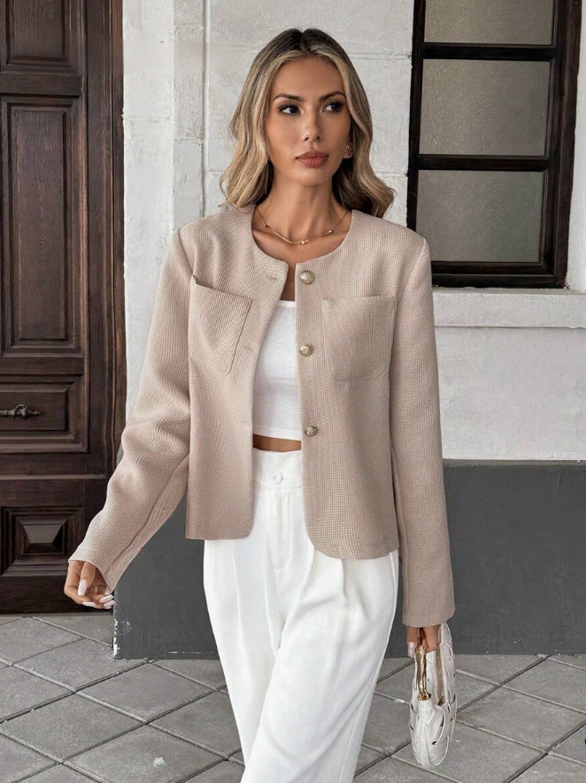 Women's Tweed Cropped Jacket Collarless Gold-Button Patch-Pocket Fitted Cream