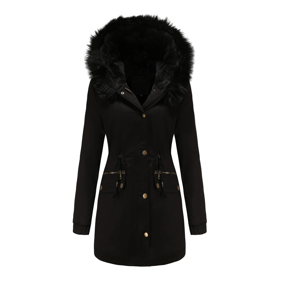 Women's Fleece-Lined Hooded Parka Faux-Fur Trim Drawstring Zip-Up Warm