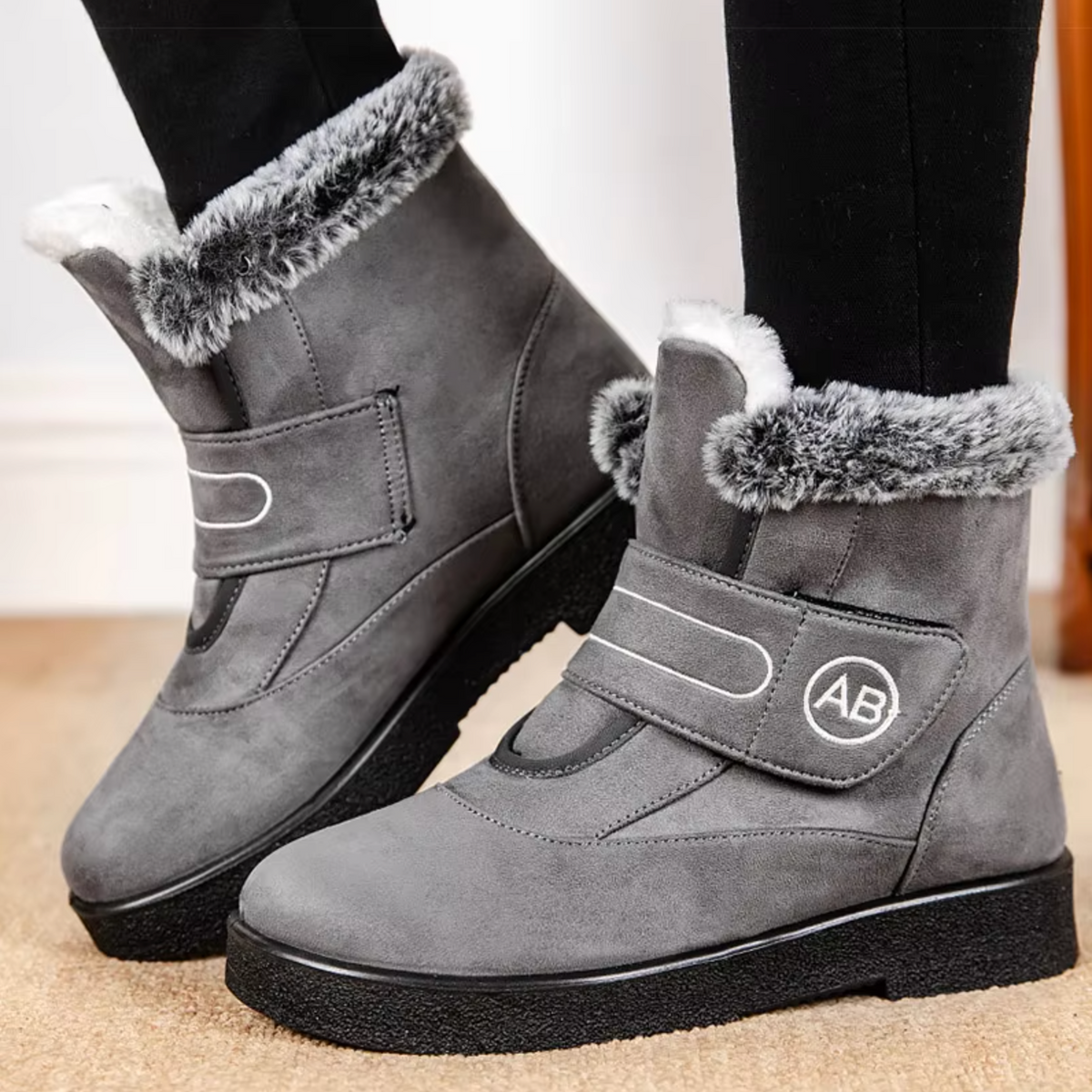 Women's Fur-Lined Snow Boots Suede Velcro-Strap Fur-Cuff Non-Slip Warm