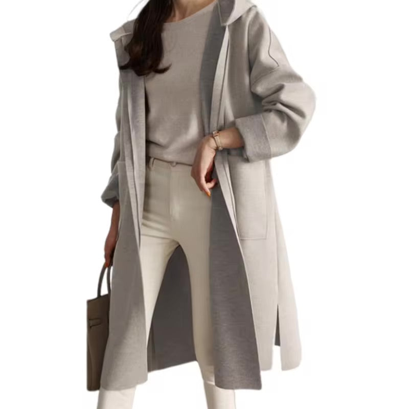 Women's Long Hooded Coat Open-Front Wrap Belted Longline Relaxed Warm