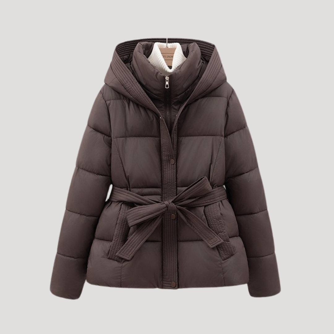 Women's Belted Hooded Puffer Jacket Stand Collar Slim Warm Winter