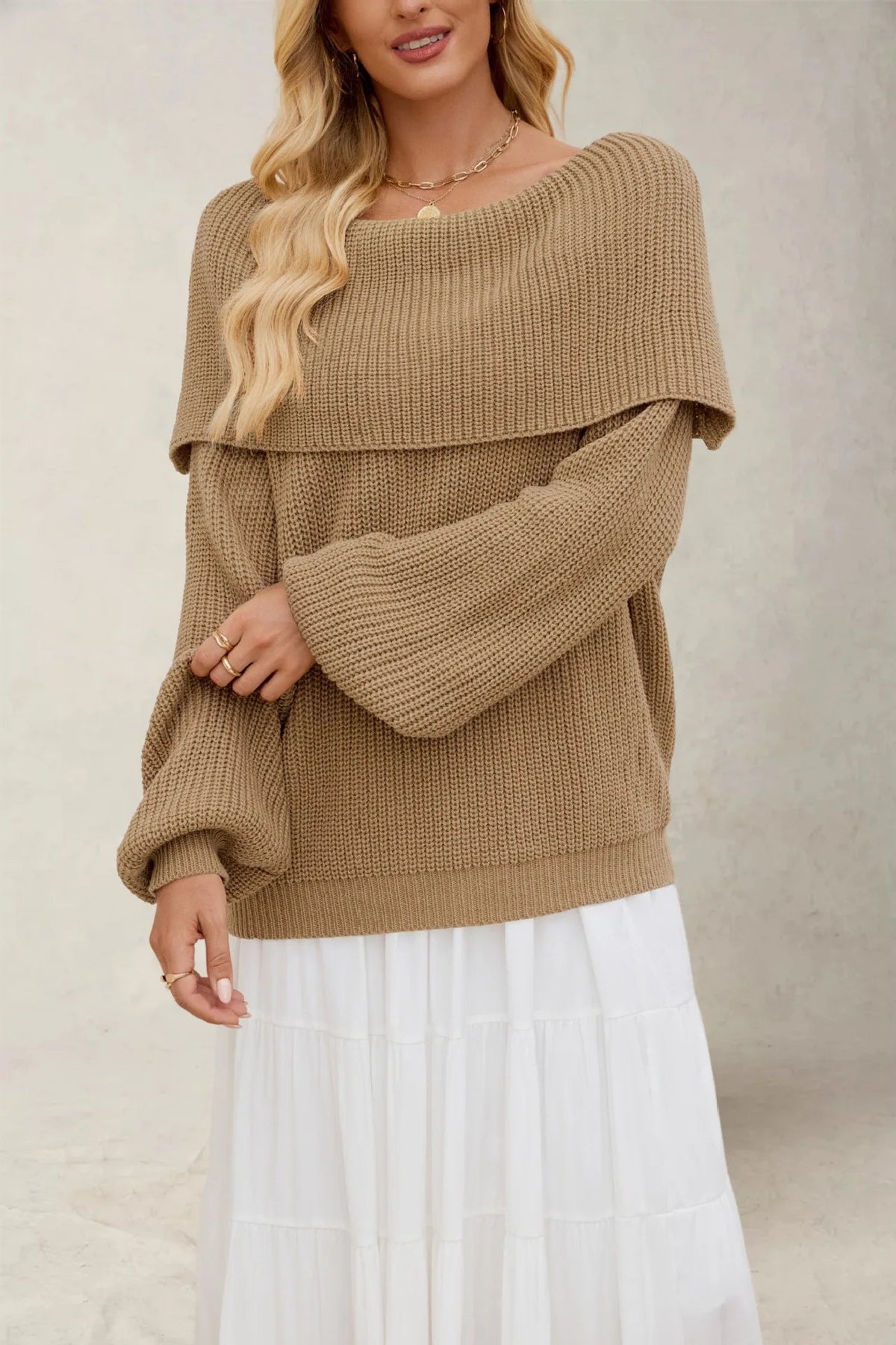 Women's Off-Shoulder Knit Sweater Foldover Bardot Balloon-Sleeve Oversized Chunky