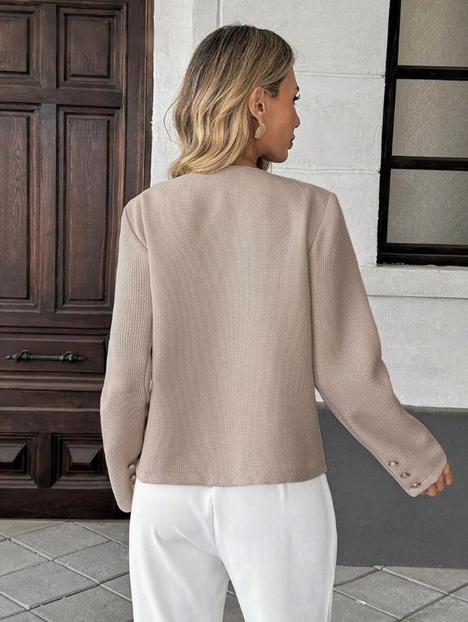 Women's Tweed Cropped Jacket Collarless Gold-Button Patch-Pocket Fitted Cream