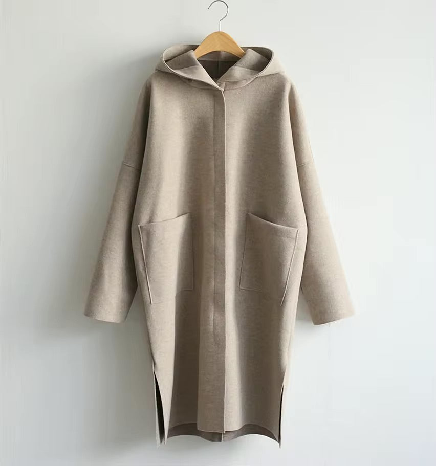 Women's Long Hooded Coat Open-Front Wrap Belted Longline Relaxed Warm