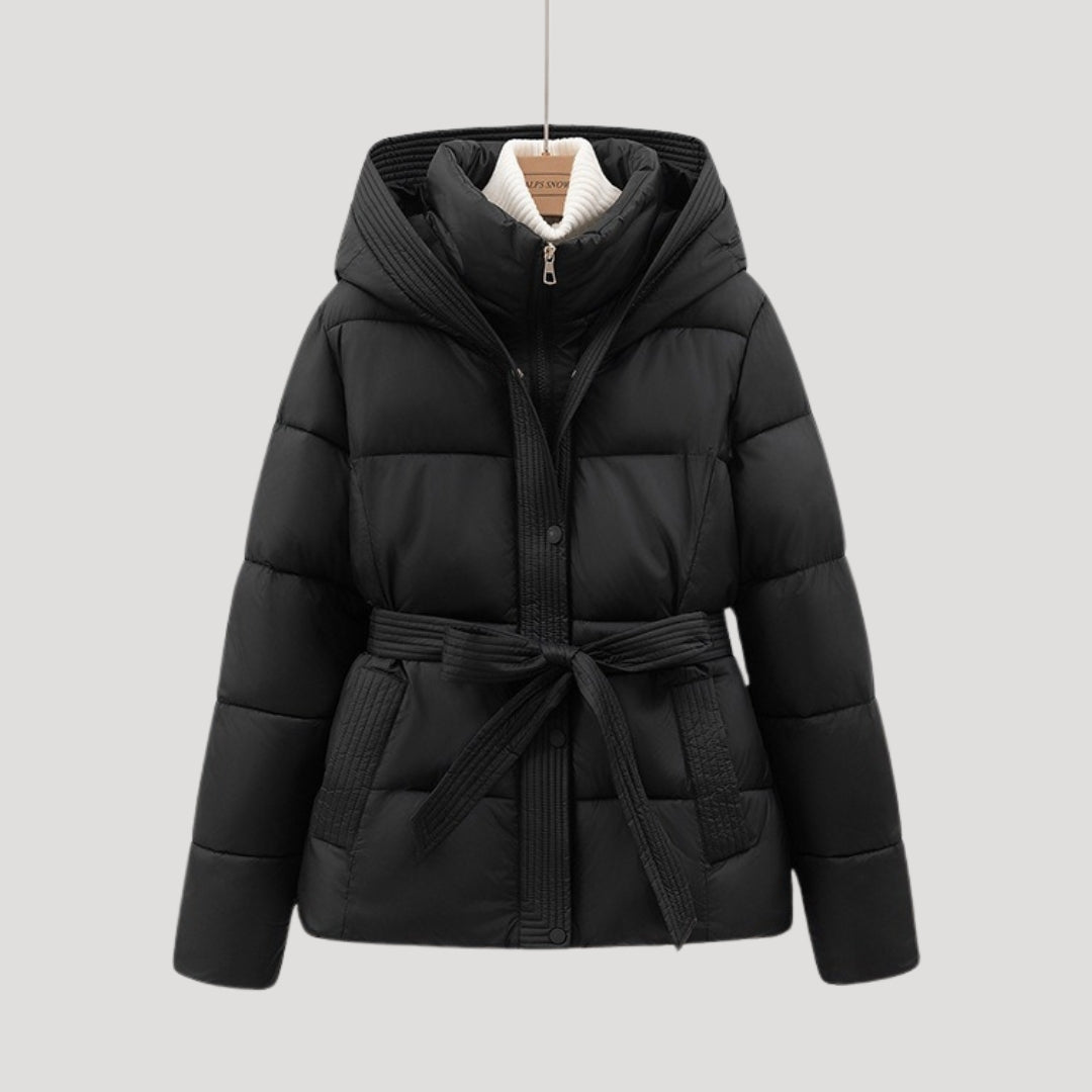 Women's Belted Hooded Puffer Jacket Stand Collar Slim Warm Winter