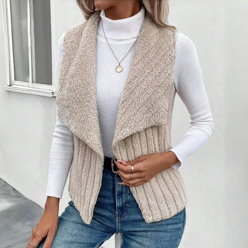 Women's Sherpa Fleece Vest Lapel Collar Sleeveless Open-Front Ribbed Cozy