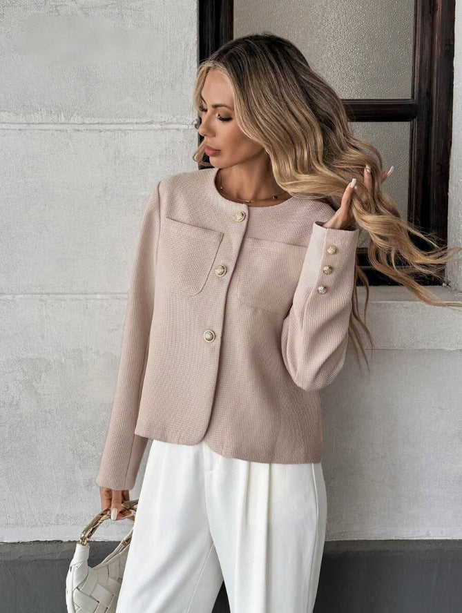Women's Tweed Cropped Jacket Collarless Gold-Button Patch-Pocket Fitted Cream